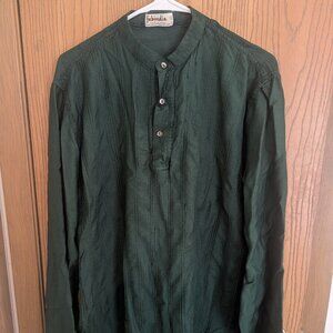 Fabindia Long Sleeve Pinstripe Stitched Green Shirt with 1/4 Button -Men 42 (L)